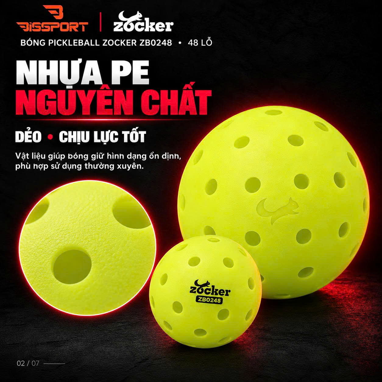Quả Bóng Pickleball Zocker ZB0248 Chính Hãng - Độ Bền Ổn Định - Đường Bay Chuẩn - Cảm Giác Đánh Chắc Tay - 48 Lỗ
